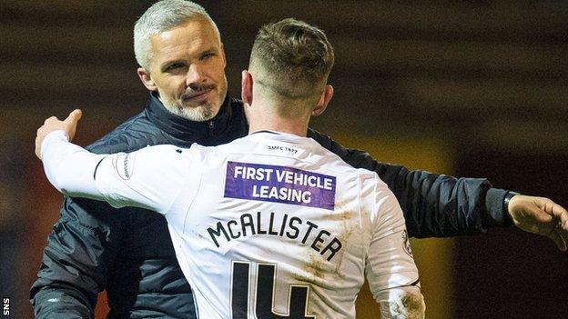 St Mirren manager Jim Goodwin congratulates Kyle McAllister