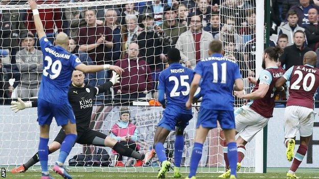 Kasper Schmeichel saves from Andy Carroll