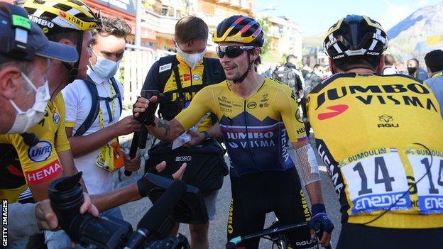 Primoz Roglic (centre) celebrates with his Jumbo-Visma team-mates after winning stage four of the 2020 Tour de France