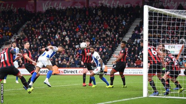 Brighton striker Florin Andone heads in his side's third goal in victory over Bournemouth