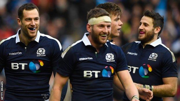 Tim Visser, Finn Russell, Huw Jones and Tommy Seymour celebrate a Scotland try against Wales