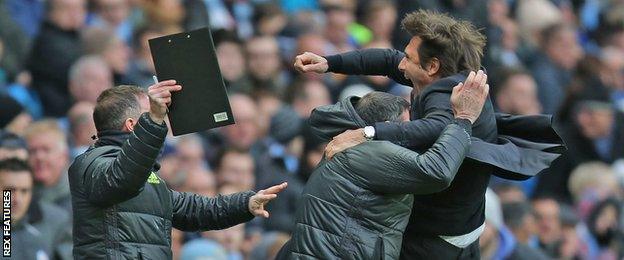 Antonio Conte celebrates at the Etihad