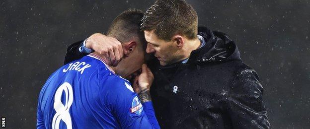 Rangers midfielder Ryan Jack is consoled by manager Steven Gerrard