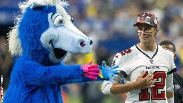 Indianapolis Colts mascot Blue with Tampa Bay Buccaneers quarterback Tom Brady