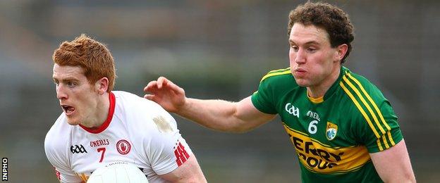 Tyrone's Peter Harte in possession against Kerry opponent Tadhg Morley