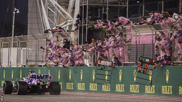 Racing Point celebrate Sergio Perez's win