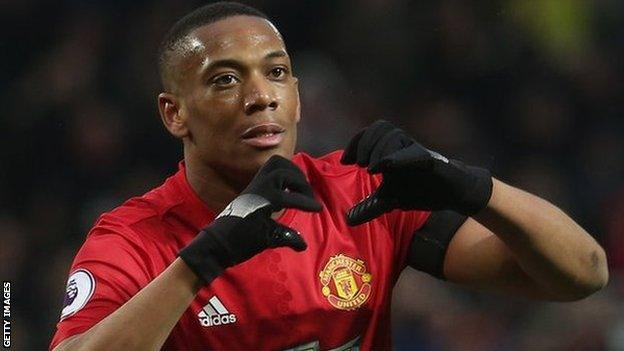 Manchester United forward Anthony Martial celebrates scoring against Watford