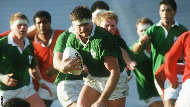 Willie Anderson charges forward for Ireland against Tonga at the World Cup in 1987