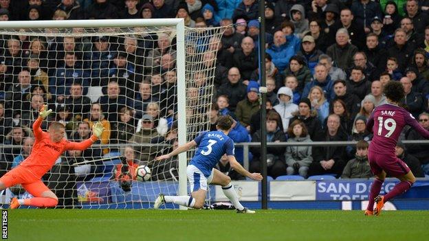 Leroy Sane scores against Everton