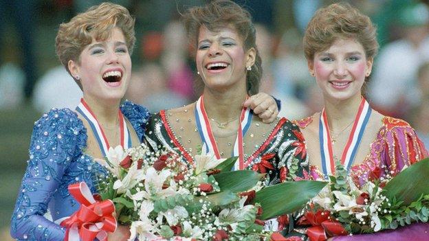 Medallists of the 1988 US National figure skating championships, Jill Trenary, Debi Thomas and Caryn Kadavy