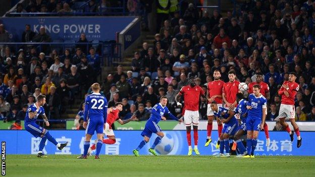 James Maddison scoring a free kick against Nottingham Forest