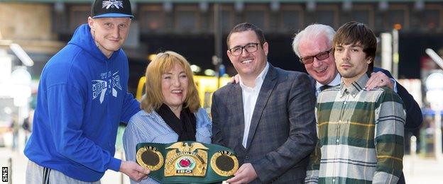 Heavyweight Gary Cornish, promoter Kellie Maloney, Iain Wilson, Tommy Gilmour and (right) Mike Towell