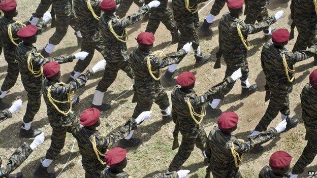 South Sudanese soldiers marching in independence day celebrations in Juba, 2015