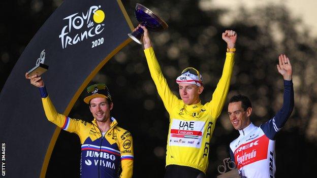 Tadej Pogacar (centre), Primoz Roglic (left) and Richie Porte (right) celebrate on the podium after the end of the 2020 Tour de France