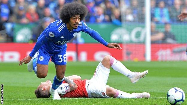 Hamza Choudhury in action for Leicester City against Arsenal