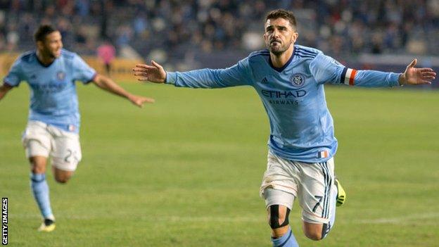 David Villa celebrates scoring for New York City