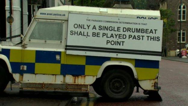 A sign on a police Land Rover notified bands of the Parades Commission determination