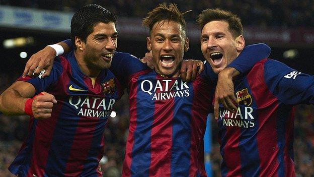 Barcelona's Luis Suarez (left), Neymar (centre) and Lionel Messi