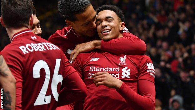 Trent Alexander-Arnold celebrates scoring for Liverpool at Watford