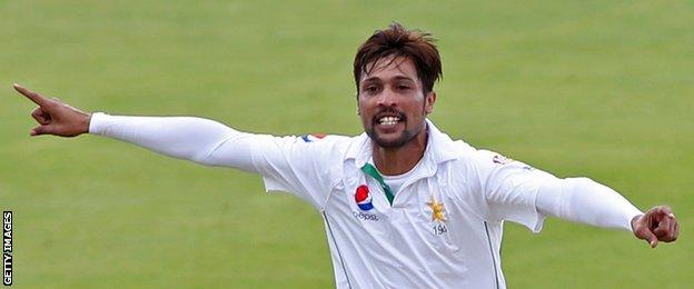 Pakistan's Mohammad Amir celebrates a wicket in the tour match against Somerset