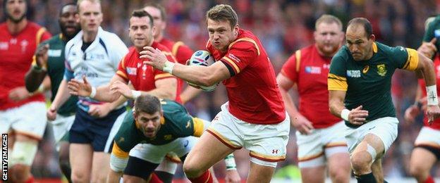 Dan Biggar makes a break for Wales against South Africa in the 2015 World Cup