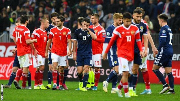 Scotland's John McGinn and during the UEFA European Qualifier between Russia and Sctoland at the Luzhniki Stadium, on October 10, 2019, in Moscow, Russia.