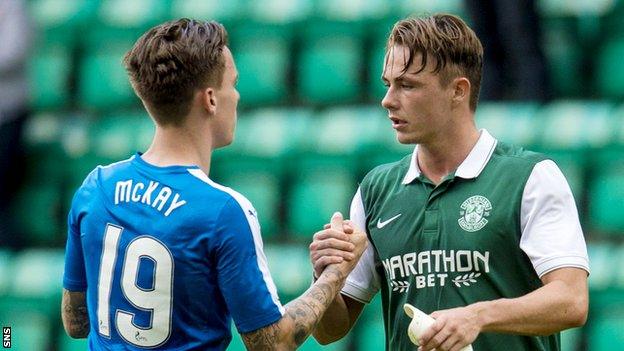 Hibernian's Scott Allan (right) with Barrie McKay at full time at Easter Road