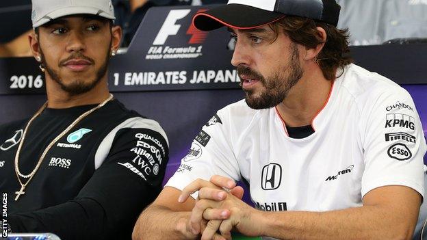 Mercedes AMG F1 driver Lewis Hamilton with McLaren-Honda F1 driver Fernando Alonso