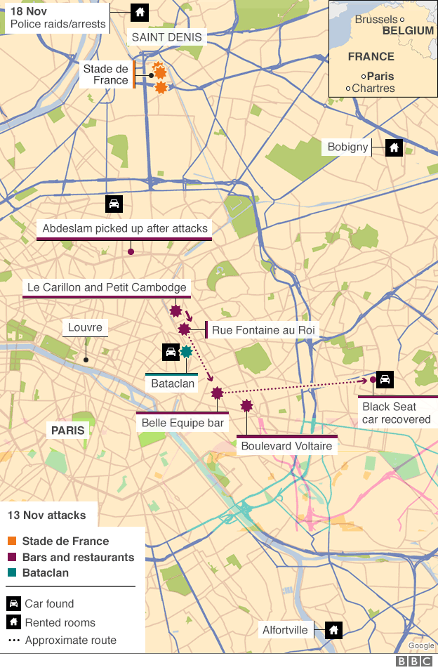 Map - Paris attackers' movements