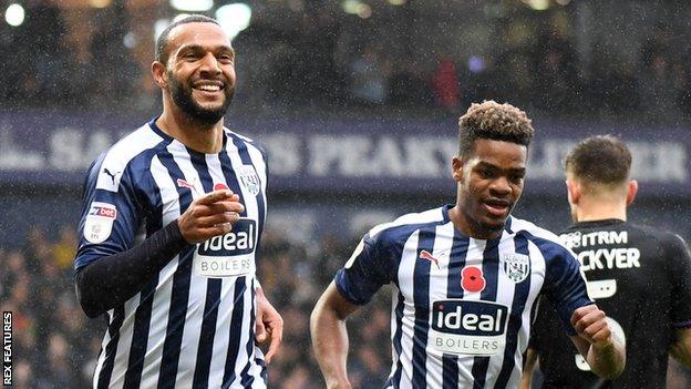Matt Phillips (left) and Grady Diangana celebrate a West Bromwich Albion goal