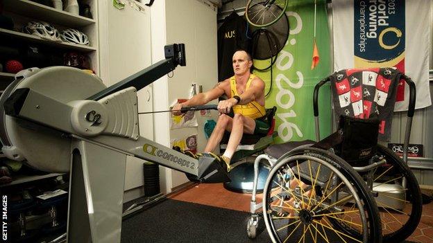 Australian rower Erik Horrie training in his shed during the pandemic