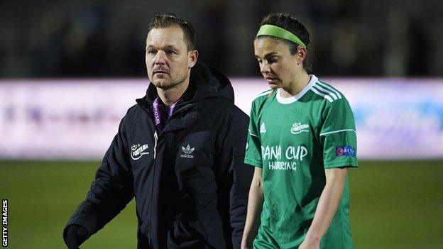 Brian Sorensen, head coach of Fortuna Hjorring and Janelle Cordia of Fortuna Hjorring look dejected after the UEFA Women's Champions League match between Fortuna Hjorring and Manchester City