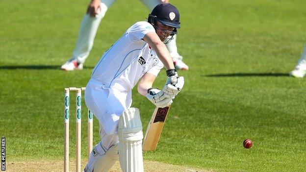 Ben Slater plays a forward defensive stroke for Derbyshire against Middlesex