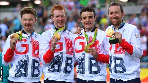 Owain Doull, Ed Clancy, Steven Burke and Bradley Wiggins