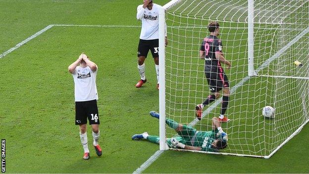 Derby players look dejected after conceding against Leeds