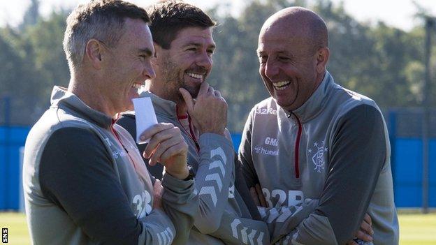 Rangers technical coach Tom Culshaw, Steven Gerrard and assistant Gary McAllister share a laugh at training