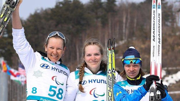 Russian skiers Anna Milenina and Ekaterina Rumyantseva celebrate Pyeongchang 2018 success with Ukrainian bronze medallist Liudmyla Liashenko