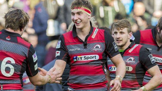 Edinburgh flanker Jamie Ritchie (centre) smiles after victory over Scarlets at Murrayfield last Sunday