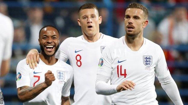 England players Raheem Sterling, Ross Barkley and Jordan Henderson celebrate