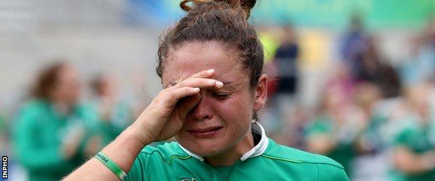 Larissa Muldoon shows her disappointment after Ireland's defeat by Wales on Saturday