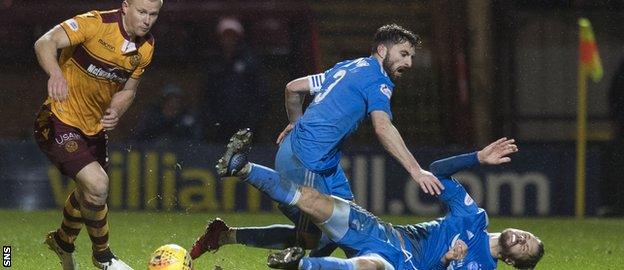 Kari Arnason (grounded) had to go off injured after colliding with team-mate Graeme Shinnie