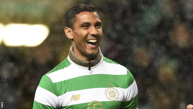 Marvin Compper is paraded in front of the Celtic fans at half-time during their win over Partick Thistle