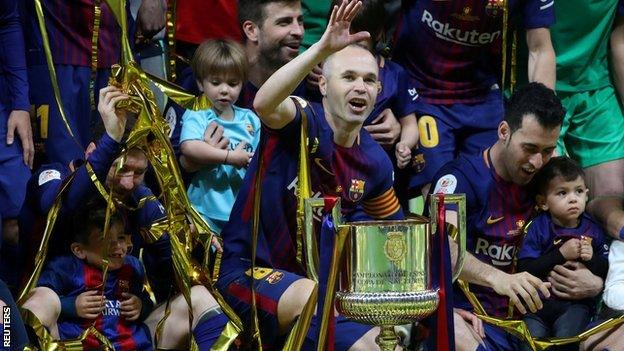 Andres Iniesta celebrates with 2018 Copa del Rey trophy