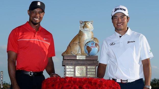 Tiger Woods with Hero World Challenge winner Hideki Matsuyama