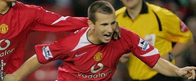 Liam Miller celebrates scoring for Manchester United in a Carling Cup game against Barnet in 2005