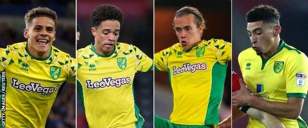 Max Aarons, Jamal Lewis, Todd Cantwell and Ben Godfrey (left to right)