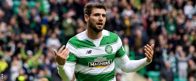 Nadir Ciftci celebrates after scoring his first goal for Celtic