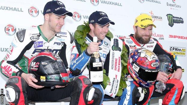 Alastair Seeley (centre) is likely to be challenged strongly by Ian Hutchinson (left) and Bruce Anstey (right)