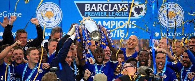 Leicester City's players and staff celebrate their Premier League success