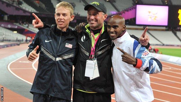 Alberto Salazar alongside Mo Farah and training partner Galen Rupp at the London 2012 Olympics